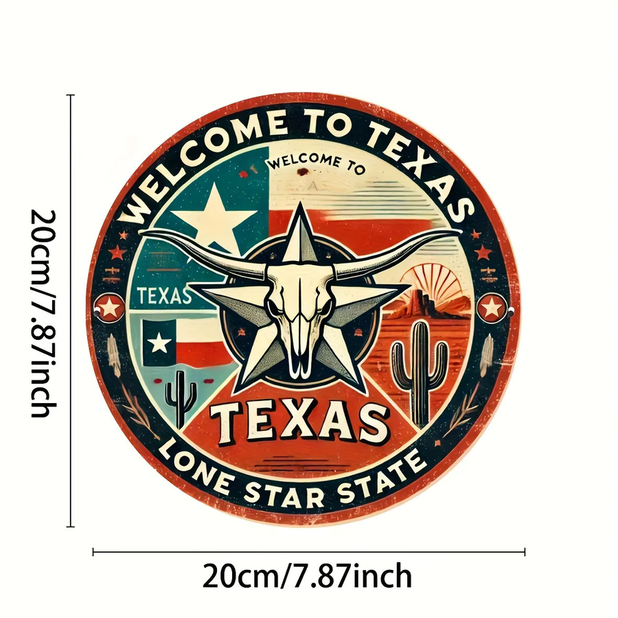 Potdemiel Rundes Aluminiumschild Texas Unabhängigkeit Star State Vintage Wandkunst, Durchmesser: 20 cm, Mehrfarbig - Bild 2
