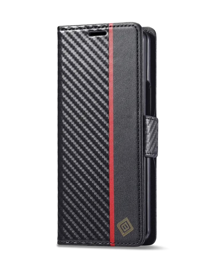 Samsung Flip Wallet Handyhülle aus Carbon Fiber und PU Leder mit Kartenhalter für Galaxy Z Fold 7 6 5 4 3 5G in Schwarz - Bild 4