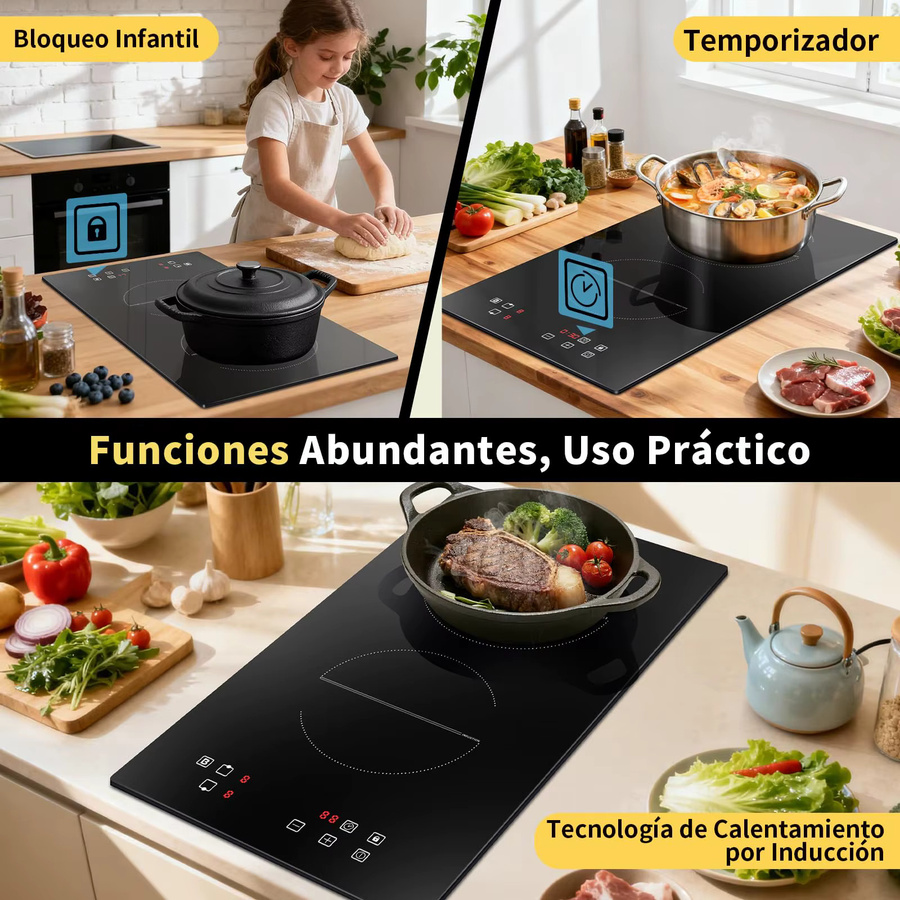 NOXTON Induktionskochfeld mit 2 Platten in Schwarz, Einbau-Induktionsplatte aus Glas mit Touch-Steuerung, Timer, Power Boost und Kindersicherung, Durchmesser: 30 cm - Bild 3