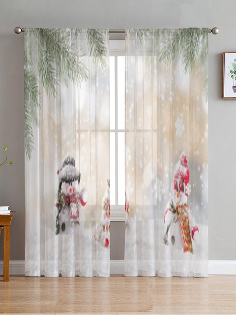 Weihnachten Tüll Vorhang mit Schneemann Motiv in Weiß für Wohnzimmer Schlafzimmer und Küche, B/H: 135 x 114 cm - Bild 1