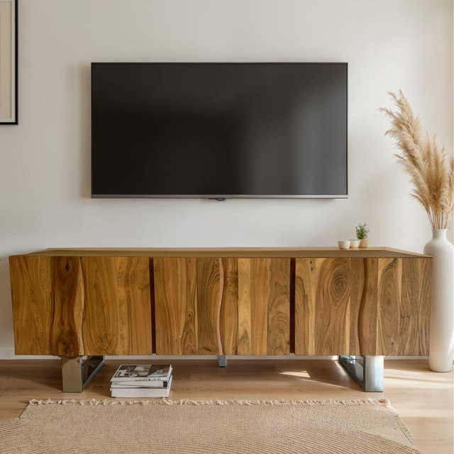 FineBuy Lowboard TV Schrank aus Massivholz in Braun mit wellenförmigem Muster, Breite: 160 cm - Bild 1