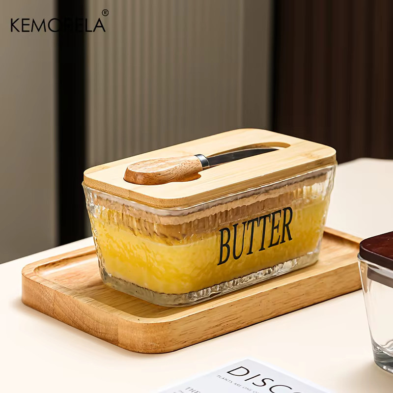 KEMORELA Butterschale aus Glas mit Bambusdeckel und Messer, luftdichter Butter-Aufbewahrungsbehälter, transparent - Bild 4