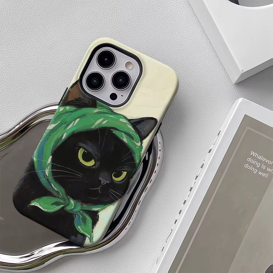 Potdemiel Handyhülle mit Schwarzer Katze und grünem Kopftuch für iPhone 17 16 15 14 13 12 Pro Max Plus, Schwarz - Bild 4