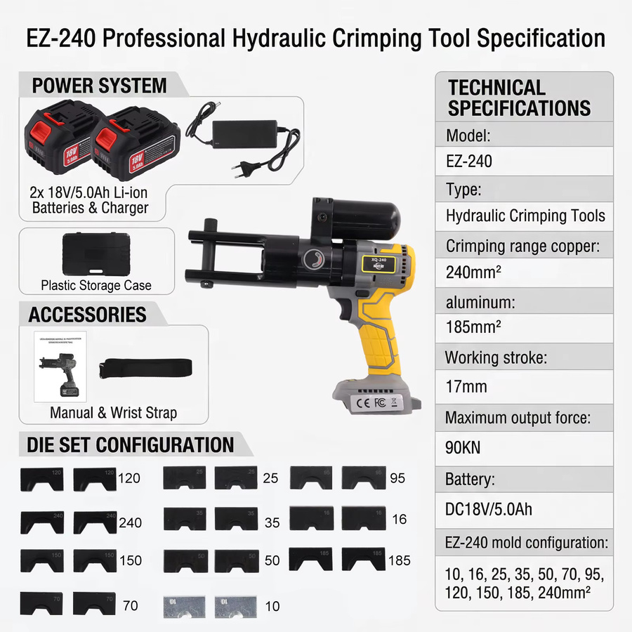 Podofo EZ-240 Elektrische Hydraulikzange mit wiederaufladbarer Lithium-Batterie als Crimpwerkzeug für Kupfer- und Aluminium-Kabelendstücke - Bild 2