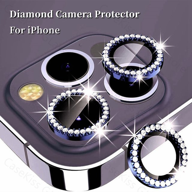Diamant Kamera Schutz für iPhone 16 17 15 14 12 Pro Max mit gehärtetem Glas und Metallringen in Schwarz und Silber - Bild 1