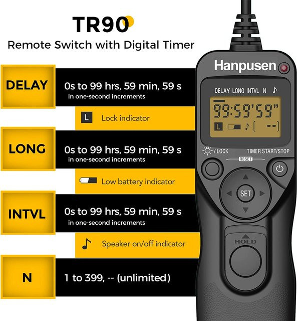 Hanpusen TR90 Camera Time Lapse Intervalometer LCD Timer Fernbedienung in Schwarz für Canon Nikon Sony Fujifilm Olympus Pentax Kameras - Bild 1