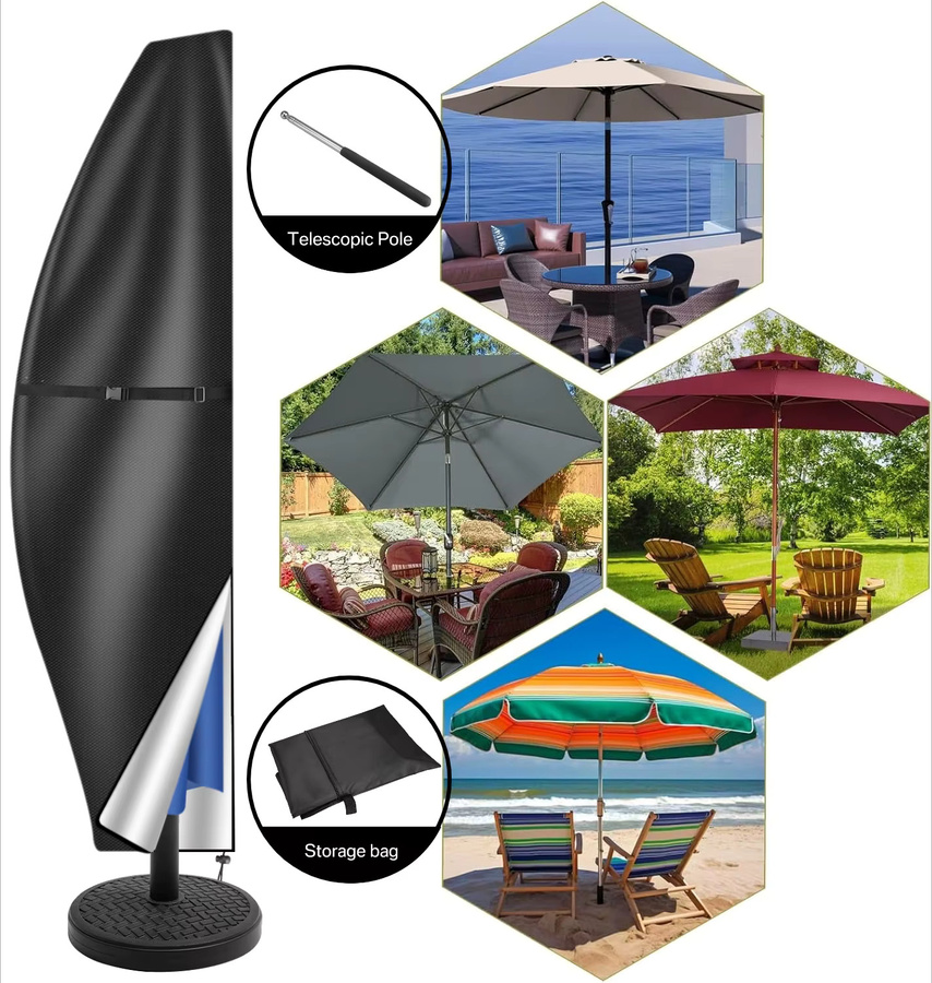 Wasserdichte Sonnenschirm-Abdeckung aus schwarzem 210D Oxford-Polyester, UV-beständiger Regenschutz für Terrassenschirme, Durchmesser: 205 cm - Bild 6