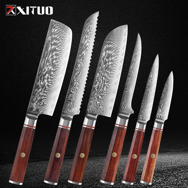 XITUO 1-6-teiliges Küchenmesser-Set aus Damaszener Stahl mit rotem säurebeständigem Achteckgriff - Bild 1