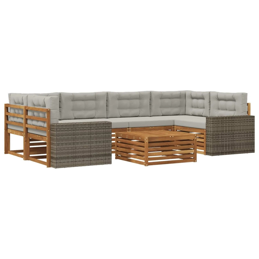 vidaXL Outdoor-Sofagarnitur aus Akazienholz und Polyester, 7-teiliges Set, Natur und Hellgrau - Bild 2