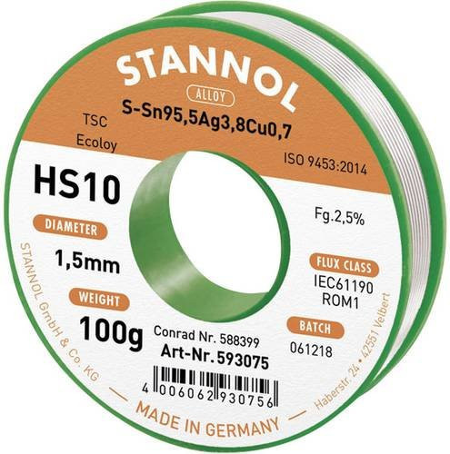 Stannol HS10 2510 Bleifreies Lötzinn Sn95,5Ag3,8Cu0,7 ROM1 Silber 100g 1,5mm - Bild 1