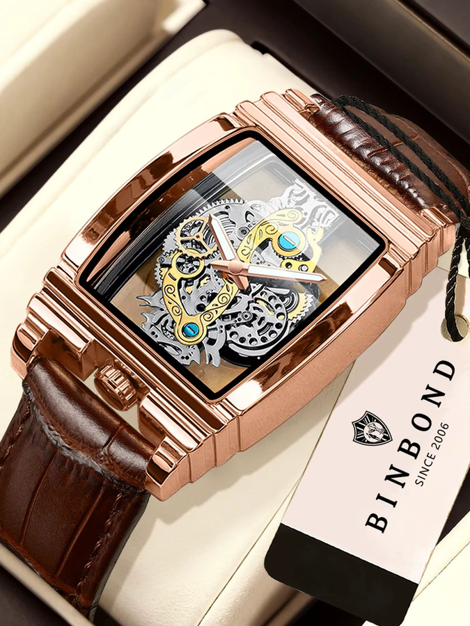 BINBOND Armbanduhr Quarz, Leder, Roségold, Schwarz, Herren - Bild 7