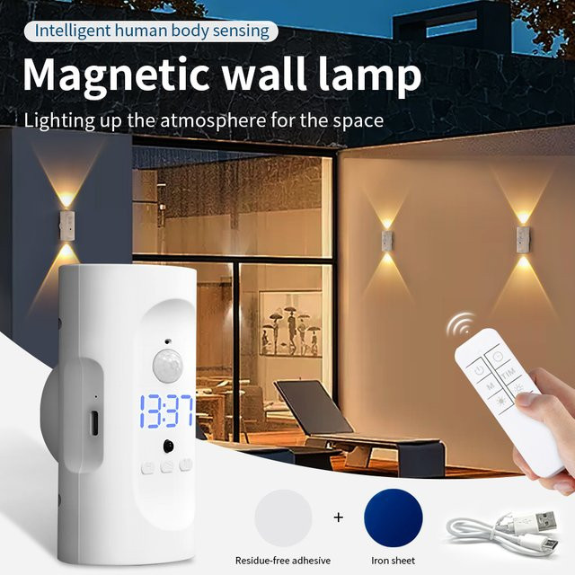 GGBEE Wiederaufladbares LED-Nachtlicht in Weiß mit Bewegungssensor, Digitaluhr, Fernbedienung und Projektor, dimmbare Wandleuchte - Bild 1
