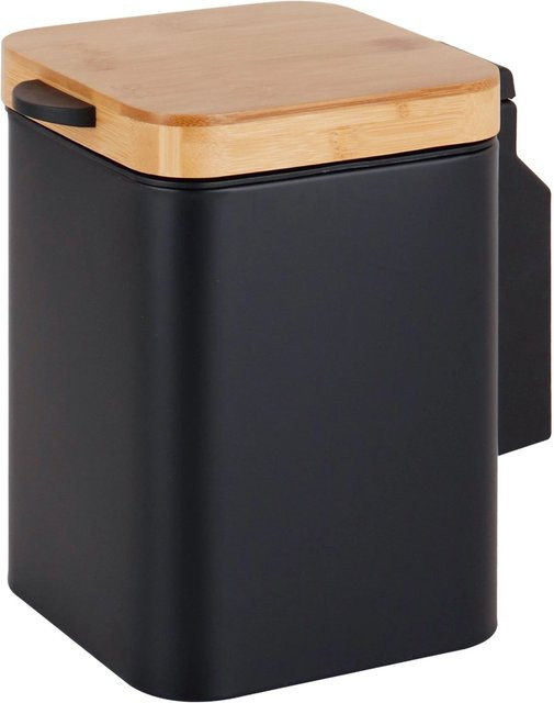 Relaxdays Kosmetikeimer Wandmontage mit Softclose und herausnehmbarem Inneneimer aus Edelstahl und Bambus, Schwarz, B: 24,5 cm, T: 16 cm, H: 22,5 cm - Bild 1
