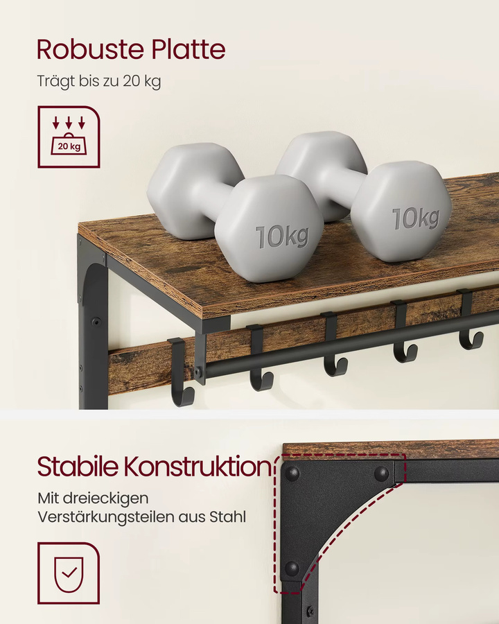 Vasagle Wandgarderobe mit Ablage und 10 abnehmbaren Haken in Braun-Schwarz, B/T/H: 80 x 30 x 42 cm - Bild 4