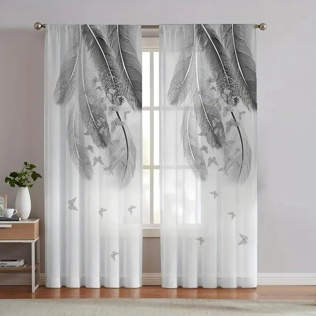 2er-Set graue Federgardinen aus Polyester, semi-transparent, B/H: 150 x 150 cm - Bild 1