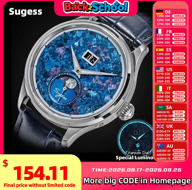 Sugess Armbanduhr, Automatik, Mondphase, Titan, Blau, Herren - Bild 1