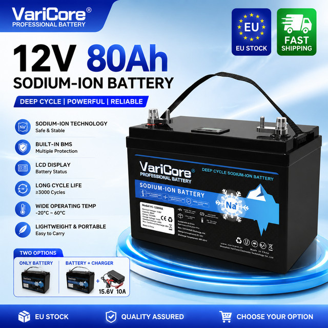 VariCore 12V 80Ah Natrium-Ionen-Batterie inklusive 15,6V 10A Ladegerät in Schwarz mit Hoch- und Tieftemperaturschutz für Camping und Solarenergie - Bild 1