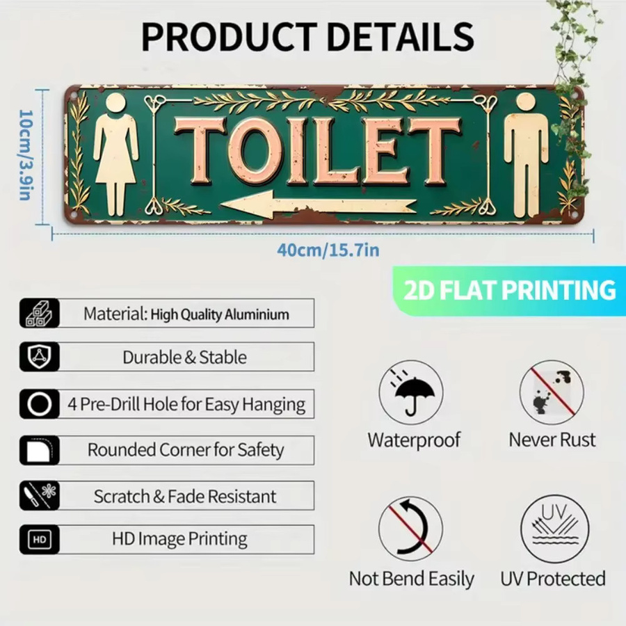 CIFBUY Retro-Toilettenschild aus Metall in Vintage-Optik als Wanddekoration für dein Badezimmer, Breite: 40,0 cm, Höhe: 10,0 cm - Bild 2