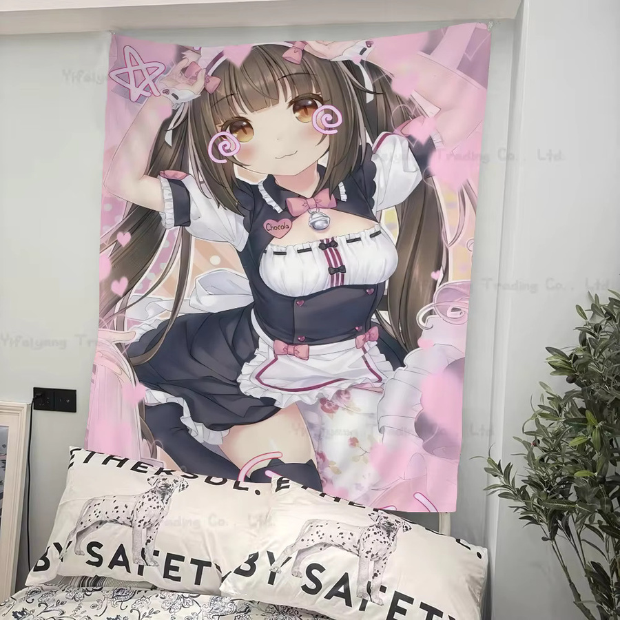 Mesuca Wandteppich Neko Para Chocola Vanille Anime Motiv in Pink mit Herz-Illustration im Boho-Stil, Breite: 70 cm, Höhe: 50 cm - Bild 2
