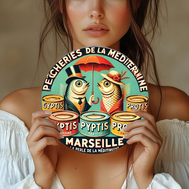 Potdemiel Vintage Marseille Sardine Metallschild rund, Durchmesser: 20,3 cm, Mehrfarbig - Bild 1