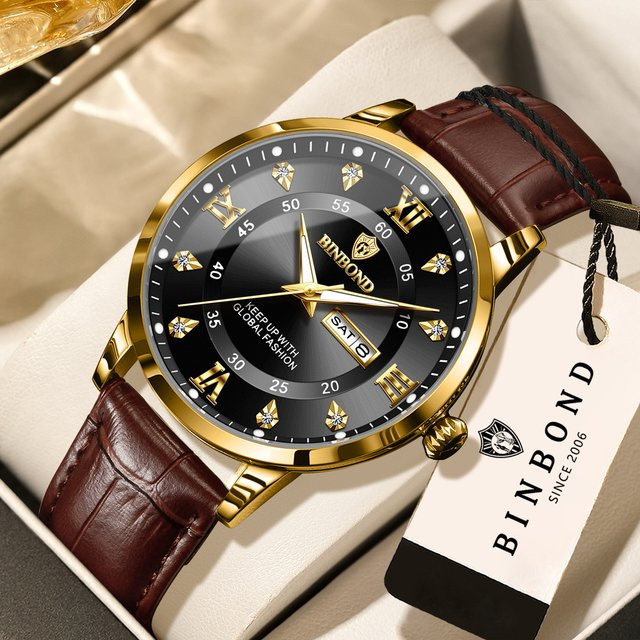 BINBOND Armbanduhr Quarz, Leder, Schwarz, Herren, Datum, Wochentag - Bild 1