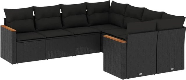 vidaXL 8-tlg Garten-Sofagarnitur in L-Form aus schwarzem Poly-Rattan mit Kissen und Stauraum - Bild 1