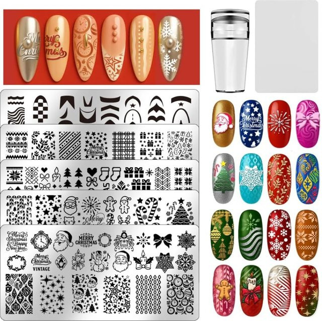 5er Set Weihnachts Nagelstempel-Platten aus Metall in Silber für Nail Art Texturen - Bild 1