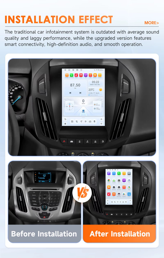 OSSURET Android 14 Autoradio mit 9,7 Zoll Vertikalbildschirm für FORD Transit / Tourneo Connect 2013-2018, Multimedia-GPS-Player mit Wireless Carplay, Android Auto, 4G, Bluetooth und 360-Grad-Kamera, Schwarz - Bild 2