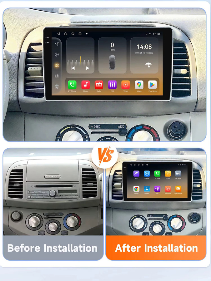 Hizpo Android 14 Autoradio für Nissan March Micra K12 2002 - 2010 mit 8 Kernen, Qualcomm Snapdragon Prozessor, GPS und 4G Unterstützung, Schwarz - Bild 4
