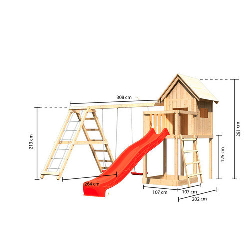 Karibu Kinderspielhaus Frieda Set mit Anbau, Klettergerüst und Rutsche in Natur und Rot - Bild 4