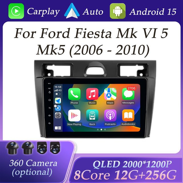 QLED Multimedia Autoradio mit CarPlay, Android Auto und GPS-Navigation für Ford Fiesta Mk VI 5 Mk5 2006–2010 in Schwarz - Bild 1