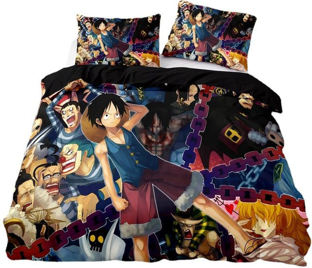 Anime One Piece Luffy 3D Bettwäsche-Set aus Mikrofaser in Schwarz und Multicolour, bestehend aus Bettbezug und Kissenbezug, B/H: 135 x 200 cm - Bild 1