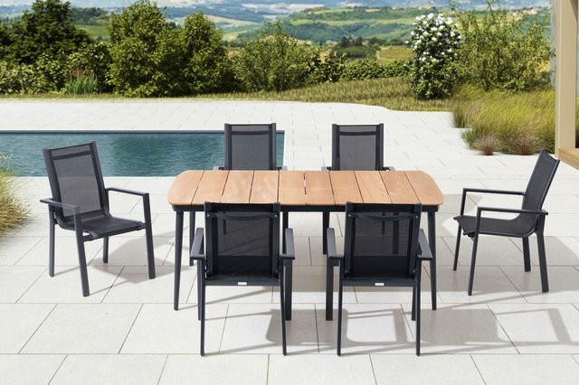 OUTFLEXX Garten-Essgruppe aus Aluminium, Teakholz und Textil in Anthrazit Matt mit 6 Stapelsesseln, Tisch B: 184 cm, T: 100 cm - Bild 1