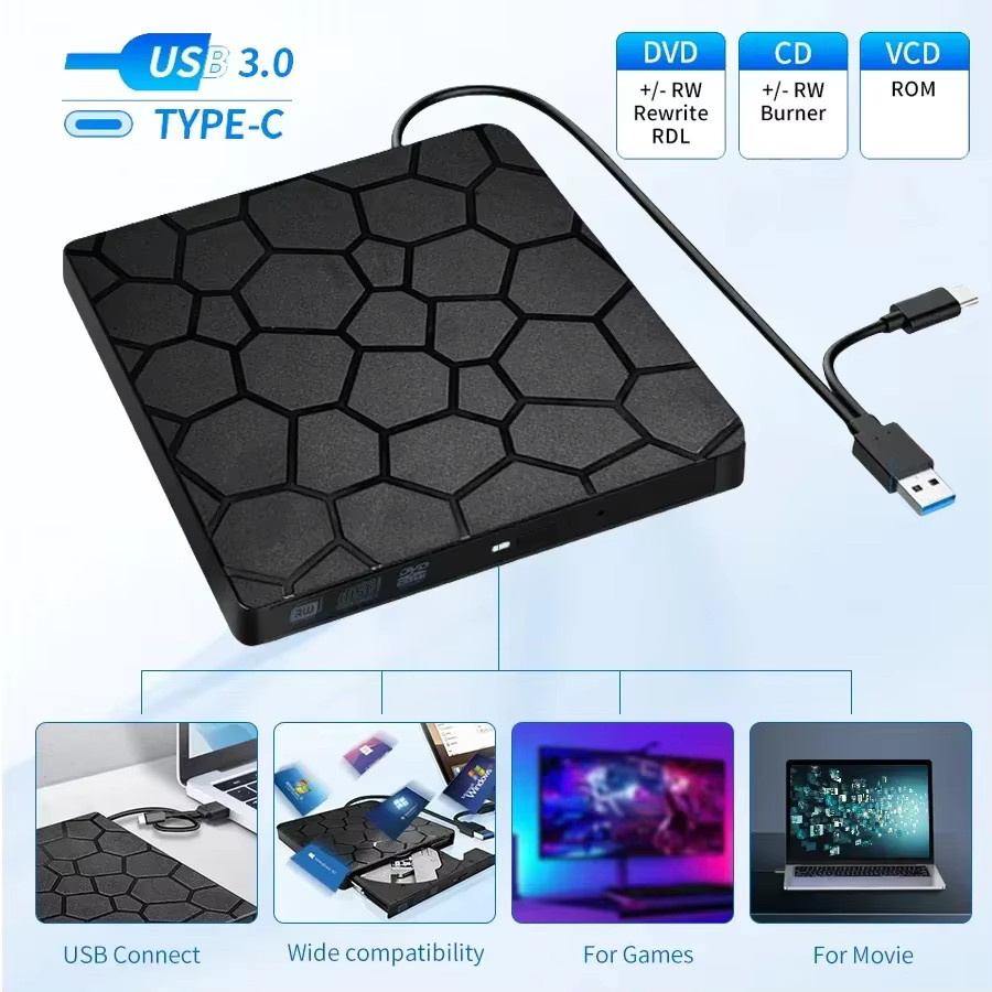 Muzisn 2-in-1 Externes DVD-RW-Laufwerk mit USB-C Schnittstelle, DVD-CD-Brenner und Lesegerät in Schwarz - Bild 2
