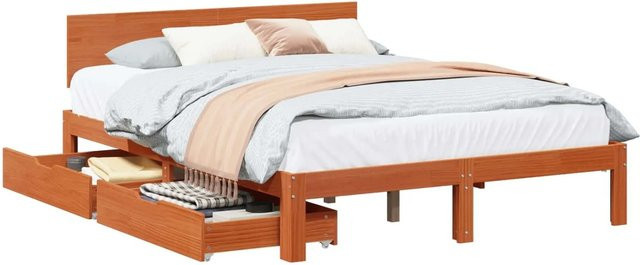 vidaXL Bettrahmen mit Kopfteil aus Massivholz Kiefer in Wachsbraun, 3-teilig, B/T/H: 140-160 x 200 x 69,5-163,5 cm - Bild 1