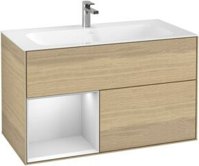 V&B Waschtischunterschrank Finion mit Wandbeleuchtung, Eiche Veneer, Weiß lackiert, B: 99,6 cm, H: 49,8 cm - Bild 1