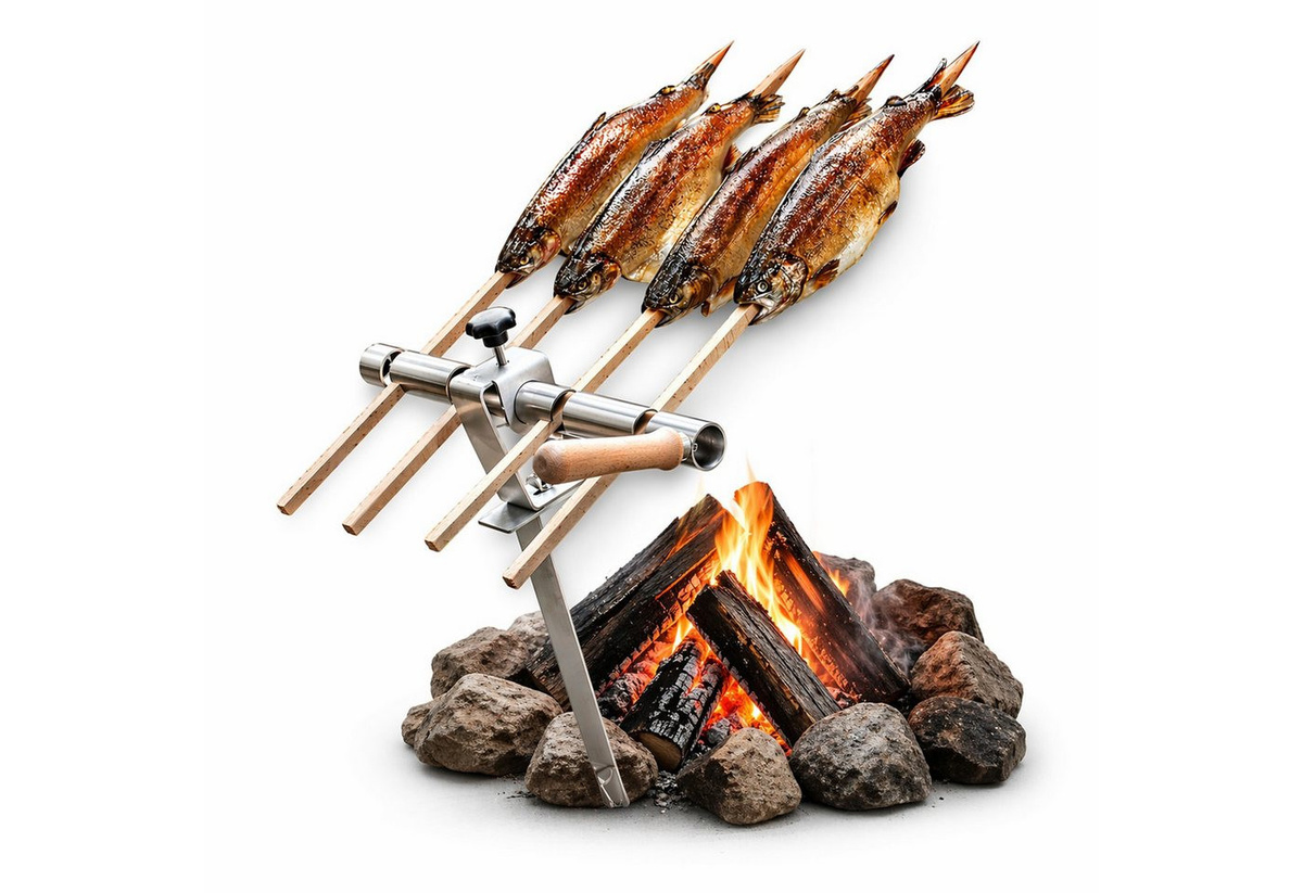 Schilling Fischgrilltechnik Steckerlfischhalter Set aus Edelstahl und Buche für das Lagerfeuer mit 4 Holzspießen - Bild 1