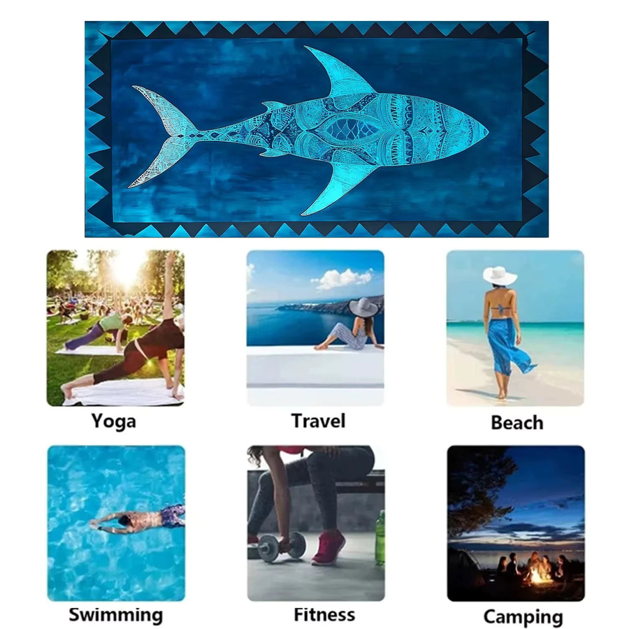 Tribal Shark Strandtuch mit Boho Ocean Mandala-Druck in Blau, schnell trocknendes und saugfähiges Badetuch für Strand und Pool - Bild 4