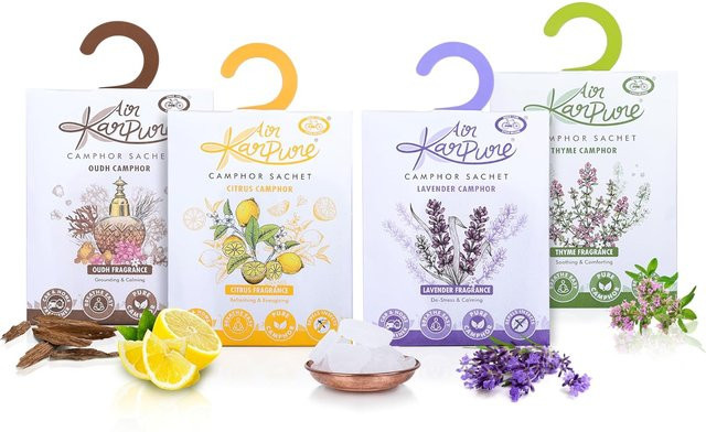 Cycle Pure Karpure Kampfer-Sachets Packung mit 4 Lufterfrischern für Zuhause, Auto, Kleiderschrank, Badezimmer und Büro in den Duftrichtungen Oudh, Zitrus, Lavendel und Thymian, Farbe: Grau/Mehrfarbig - Bild 1