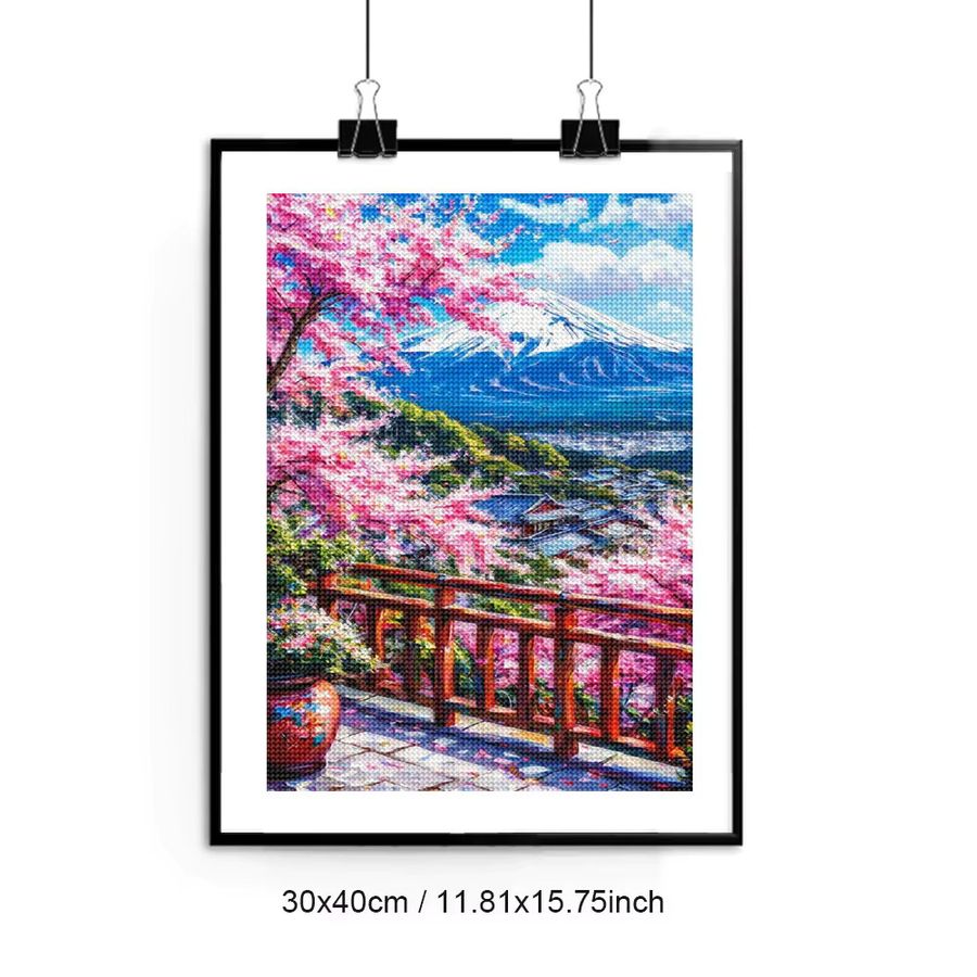 QIZITENG Diamantgemälde DIY Mount Fuji und Kirschblüten als Hausmosaik für Erwachsene - Bild 2