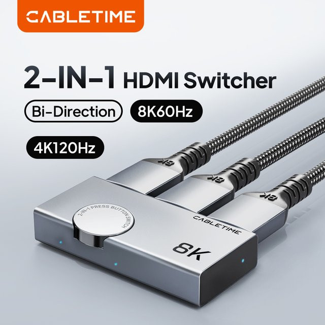 CABLETIME HDMI Splitter 2 in 1 Switcher mit 8K 60Hz und 4K 120Hz Unterstützung sowie 3D Vision in Aluminium-Design für Laptop und MacBook - Bild 1