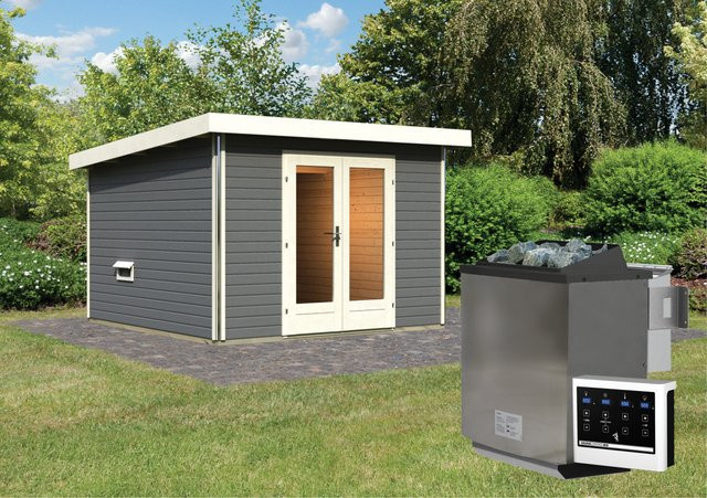 Saunahaus MAINBURG 1 mit Vorraum in Terragrau inklusive BioKombiofen 9.0 kW, Steuergerät und Sauna-Set mit 2 Liegen, B/T/H: 309 x 309 x 309 cm, Liegen: 200 x 170 cm - Bild 1