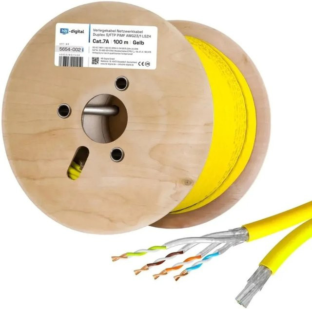 hb-digital CAT 7a Verlegekabel Duplex Installationskabel S/FTP AWG23 LSZH Ethernet LAN 100m Gelb - Bild 1