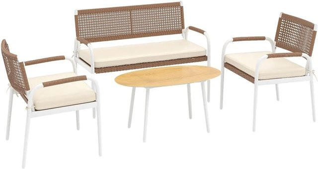Costway Rattan Gartenmöbel Set in Braun mit 2 Stühlen, Bank und Tisch aus PE-Rattan und Metall mit Sicherheitsglas - Bild 1