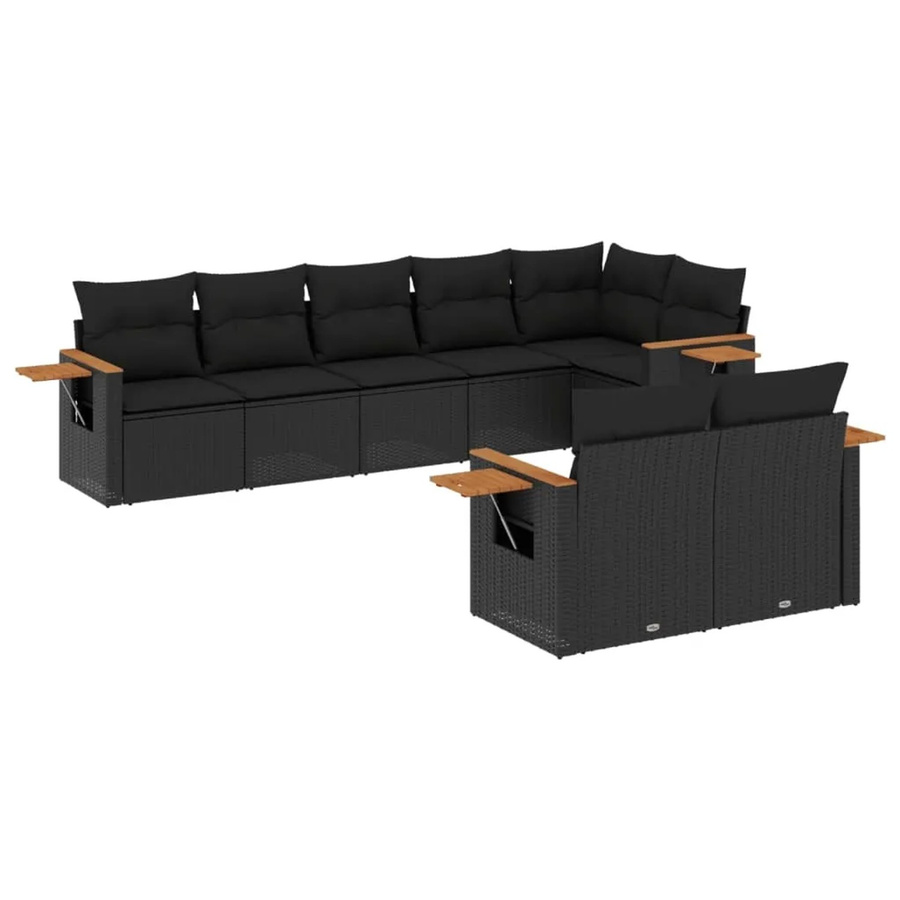 vidaXL 8-tlg Garten-Sofagarnitur in L-Form aus Poly-Rattan und Akazienholz mit Kissen in Schwarz - Bild 2