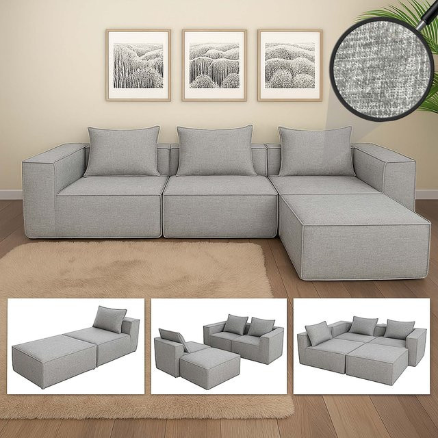 MCW L-Sofa O54 Modular erweiterbare Lounge-Couch mit Ottomane in Hellgrau, Stoff/Textil, B/T/H: 270 x 63 x 190 cm - Bild 3