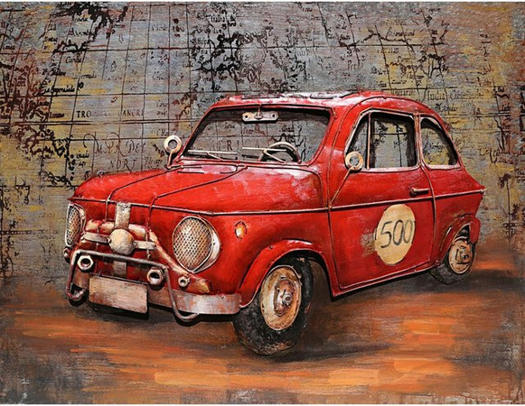 3D Metallbild rotes Auto im Vintage-Design von Harms Import & Vertriebs GmbH & Co. KG, Farbe: Rot, Breite: 120 cm, Höhe: 80 cm
