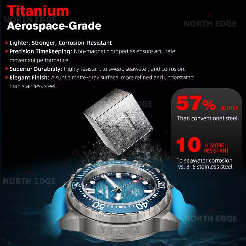 NORTH EDGE Armbanduhr, Solar, Titan-Edelstahl, Schwarz, Herren, 30 ATM - Bild 3
