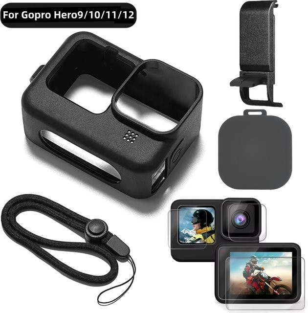 Schutzset für GoPro Hero 12 11 10 9 mit Silikonhülle in Schwarz, gehärteter Glas Displayschutzfolie und Objektivabdeckung - Bild 1