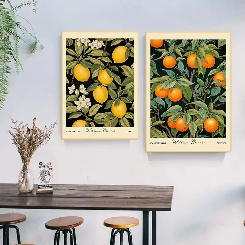 Potdemiel Vintage Wandkunst William Morris Botanisches Poster mit Obst und Blumen in Orange und Multicolour als Leinwandgemälde - Bild 2